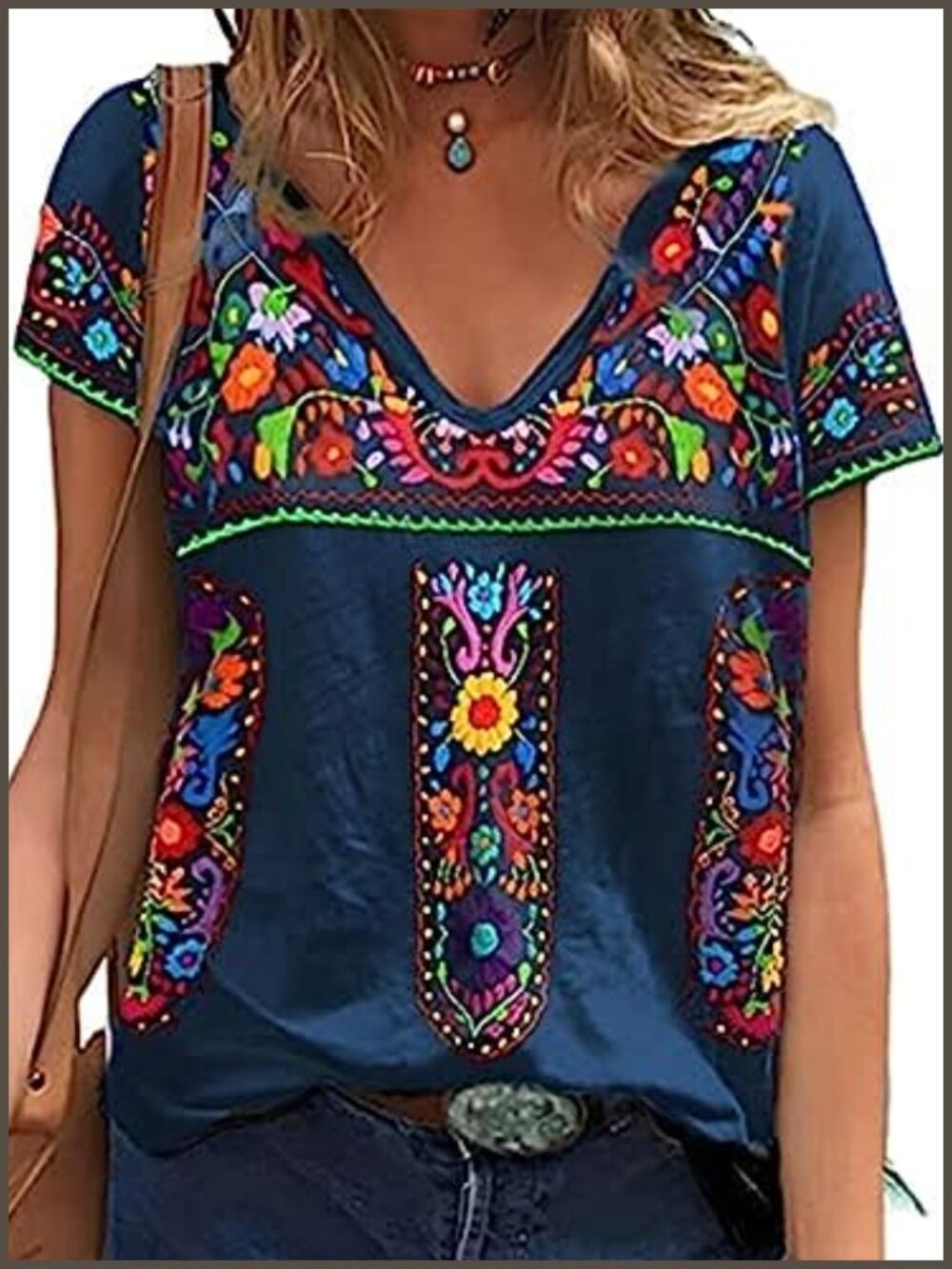 Women's V-Neck Embroidered Floral Boho Short Sleeve Casual Top